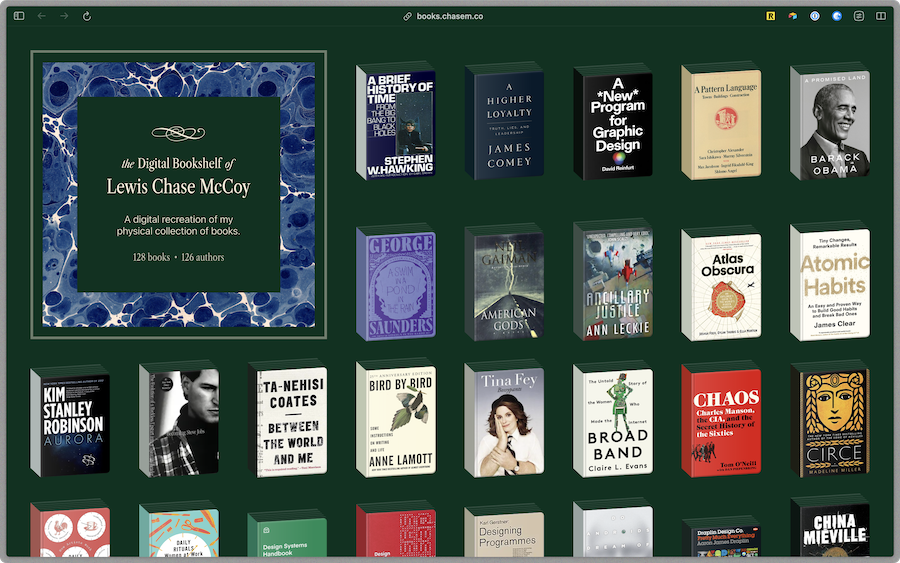 A screenshot of a website displaying Chase McCoy's collection of physical books in a grid layout.